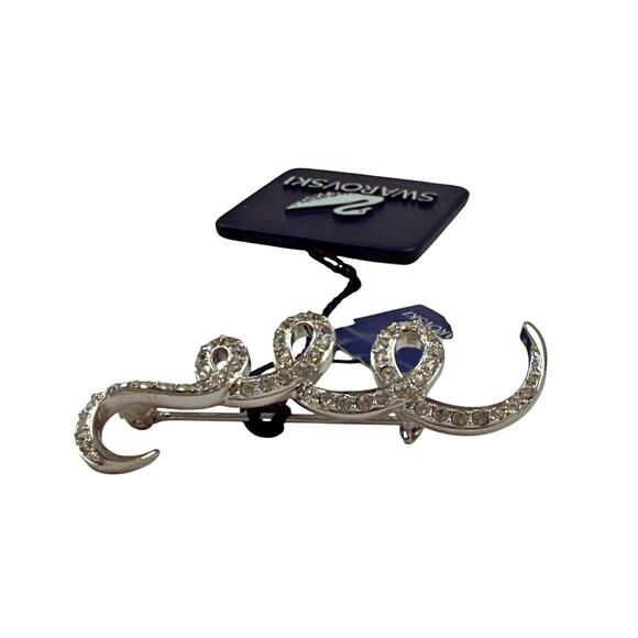 Swarovski Crystal Swirl Ribbon Bar Curly Brooch Pin Signed NWT Silver Tone 2" - Picture 7 of 8